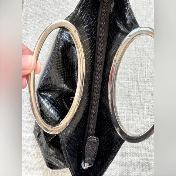 Express Black Clutch Croc Effect Animal Print Leather Silver Ha… - Picture 2 of 8